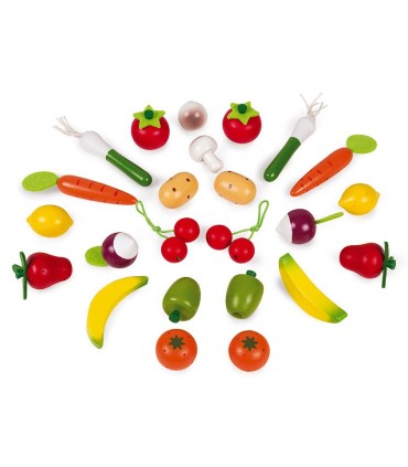 Cesta 24 Frutas y Verduras de Madera Janod contenido